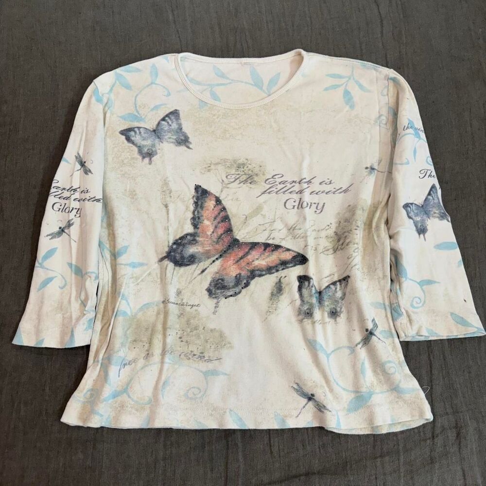 y2k graphic butterfly top with 3/4 sleeves and cute rhinestones